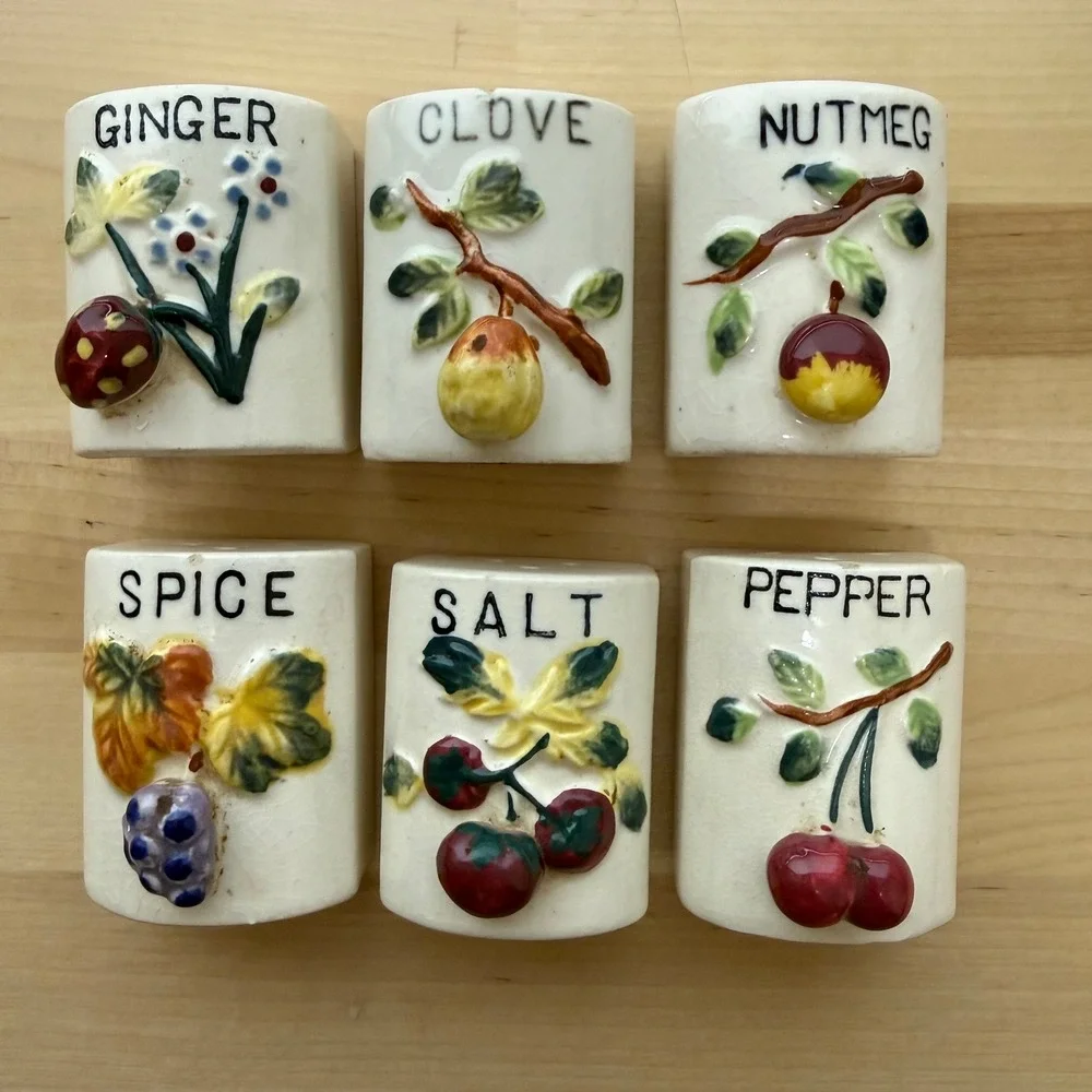 Vintage 50s Japanese Ceramic Hand Painted Fruit Motif Spice Shaker Set Six (6)